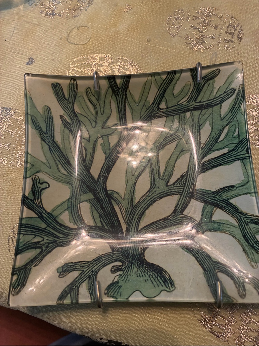 Carol Kaas signedBotanical Glass Serving Plate - White/Green Floral Design